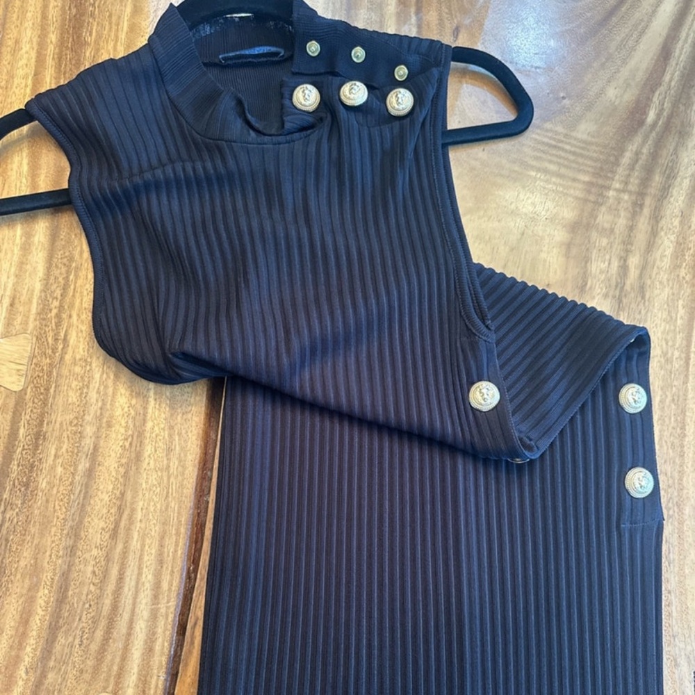 Balmain Black Textured Top with Gold Button Detail